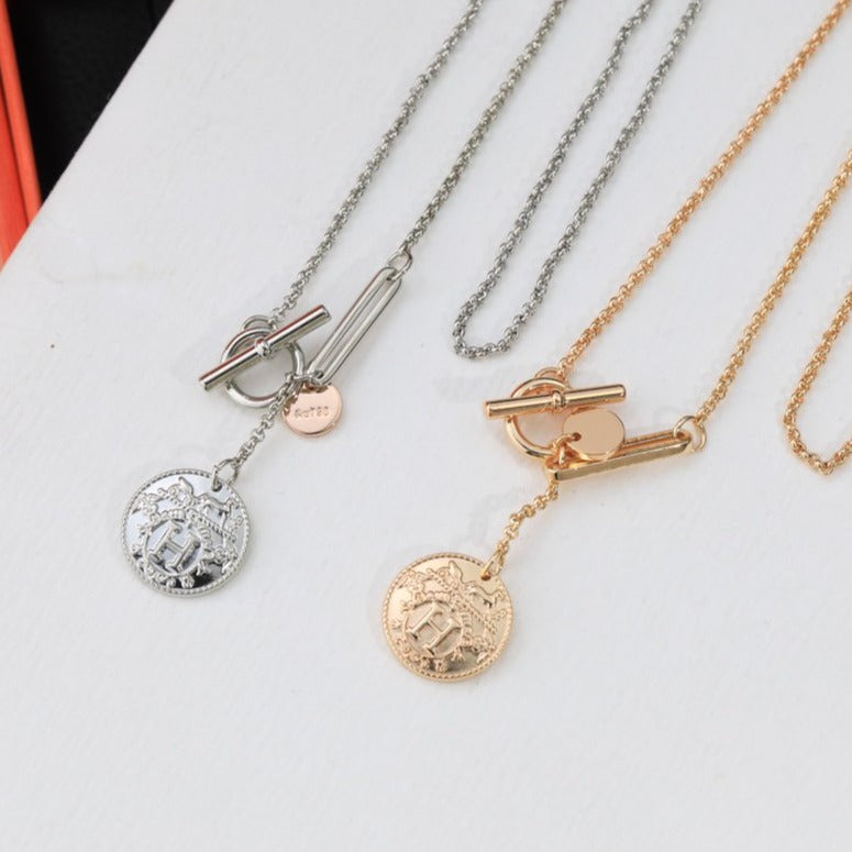 Hermes HM Round Card Silver Pink Gold Drop Necklace