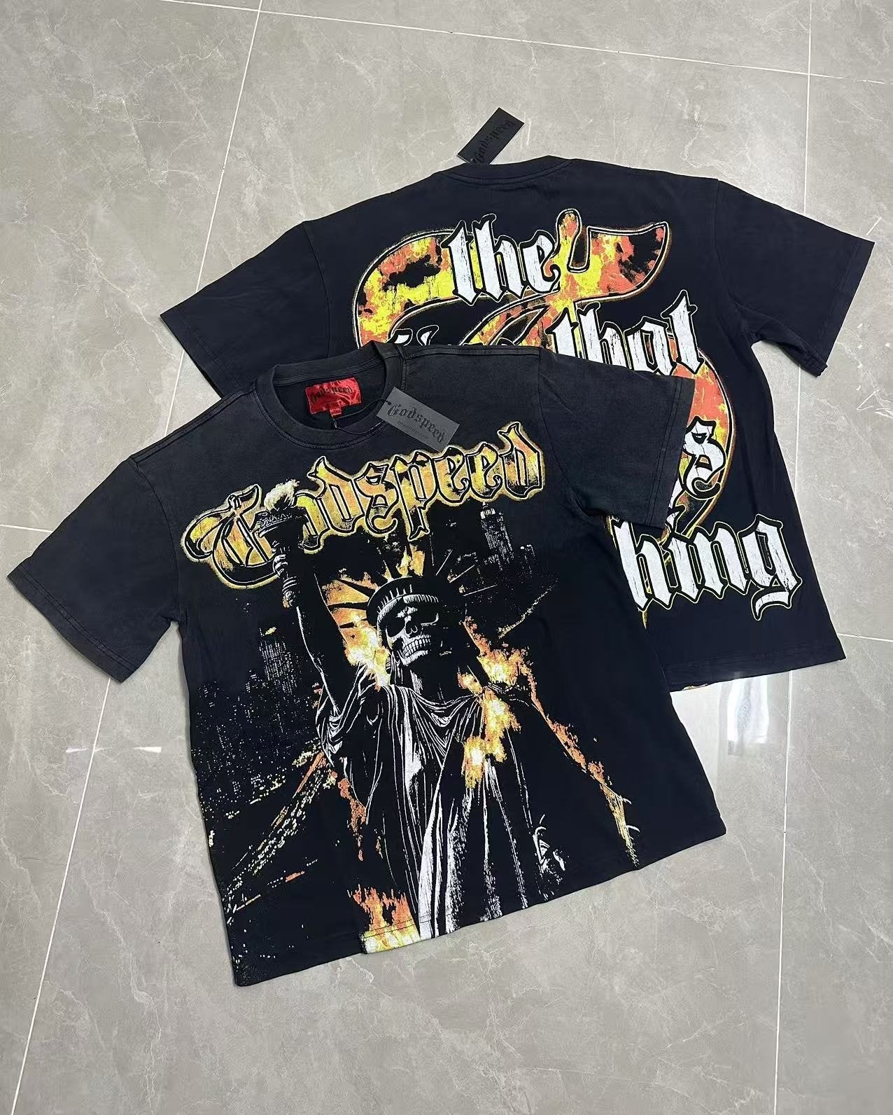 Godspeed Washed Black Statue Graphic T-Shirt — context