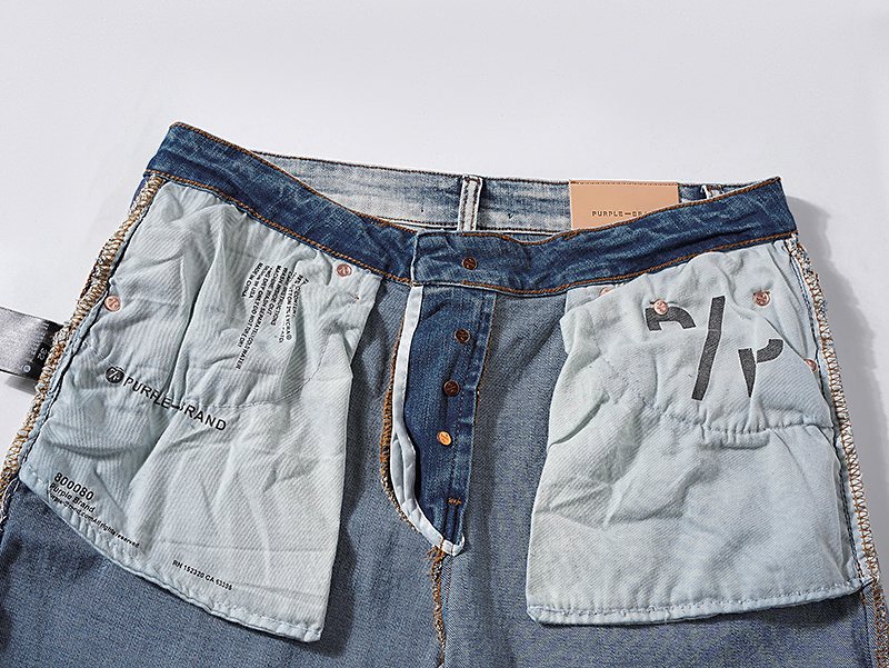 Purple Brand Light Blue Distressed Paint Splatter Jeans — detail