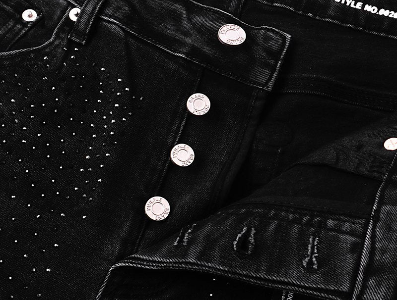 Purple Brand Black Rhinestone Splatter Denim Shorts — detail