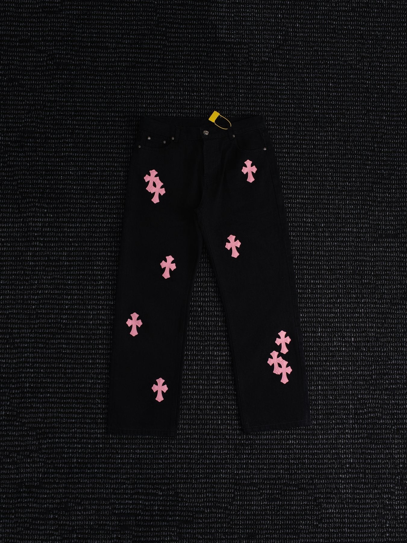 Chrome Hearts Pink Cross Patch Black Jeans — front