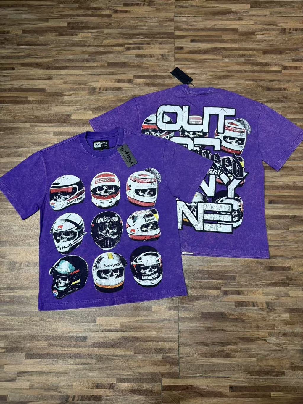 Godspeed Out of Many One Racing Helmet Graphic T-Shirt — comparison