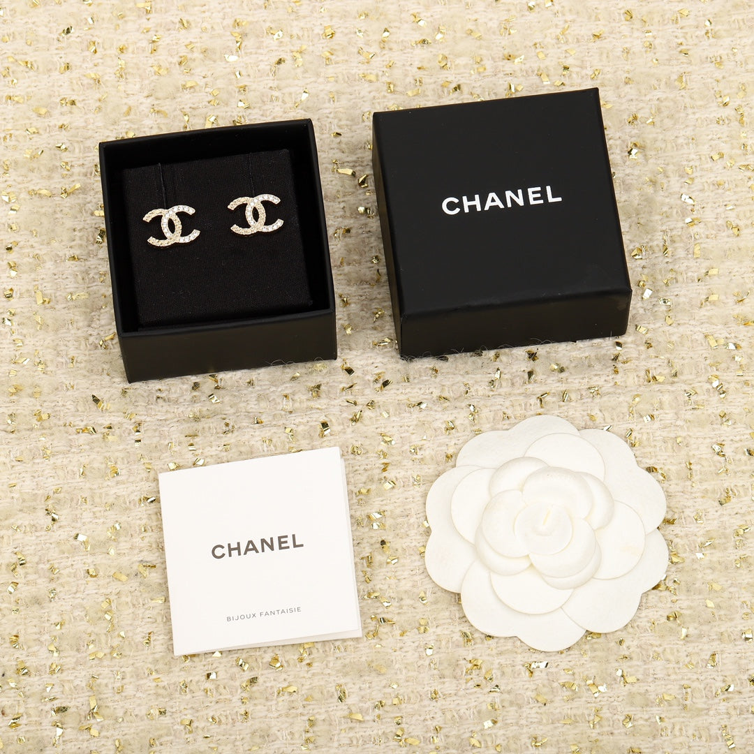 Chanel Double C Half Diamonds Gold Earrings